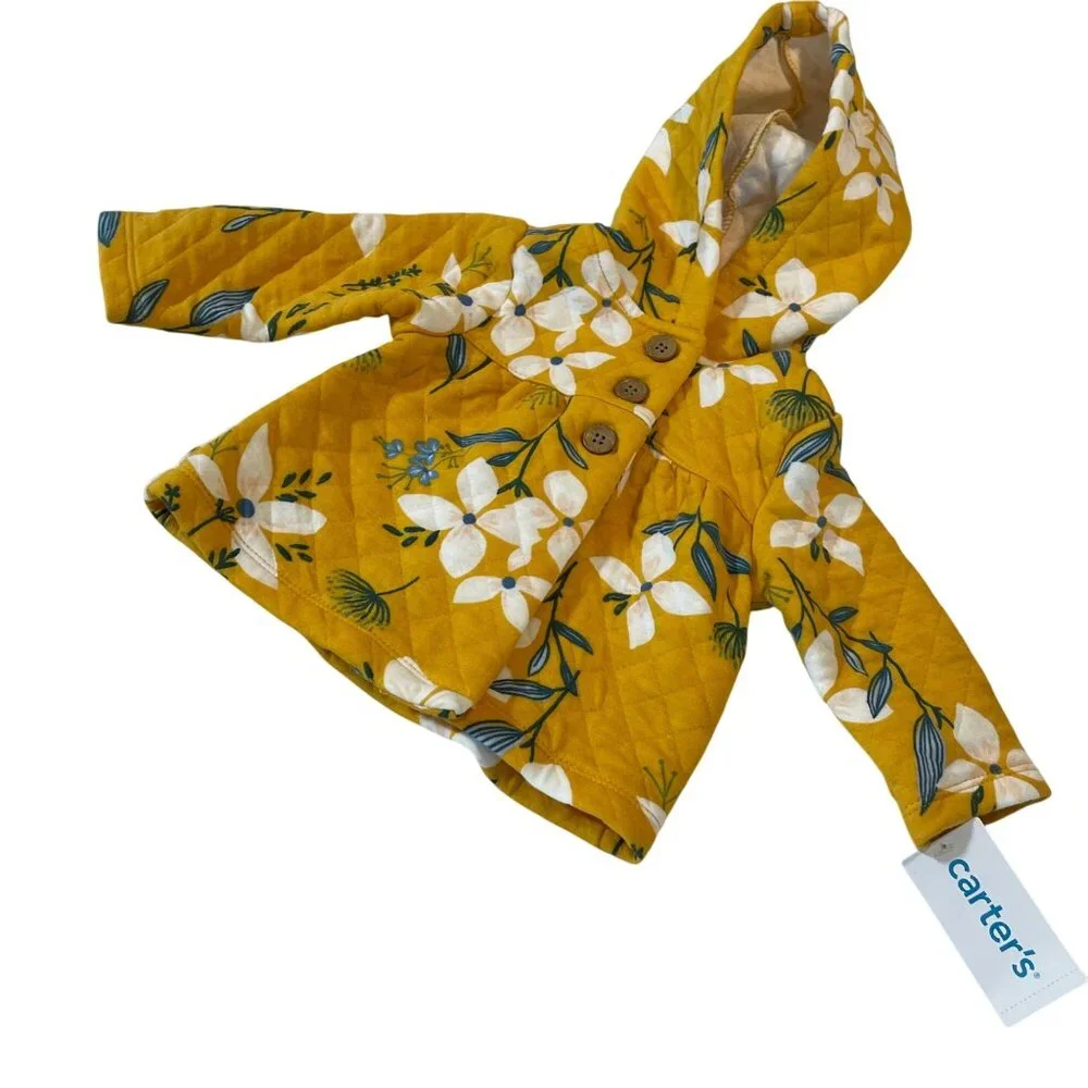 Baby Girls Carters Quilted Hooded Jacket 3M Yellow Floral Cotton Blend - Picture 1 of 8